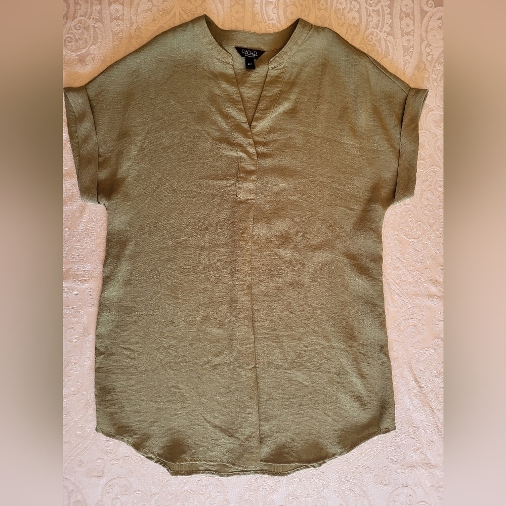 RACHEL Rachel Roy Green Short Sleeve V Neck Blouse W/ Pleat and Rolled Sleeves S - Picture 1 of 7
